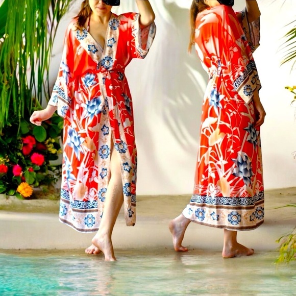 Boho Print Self Belted Front Open Long Kimono Dress one size fits most. L- XL - Picture 1 of 10